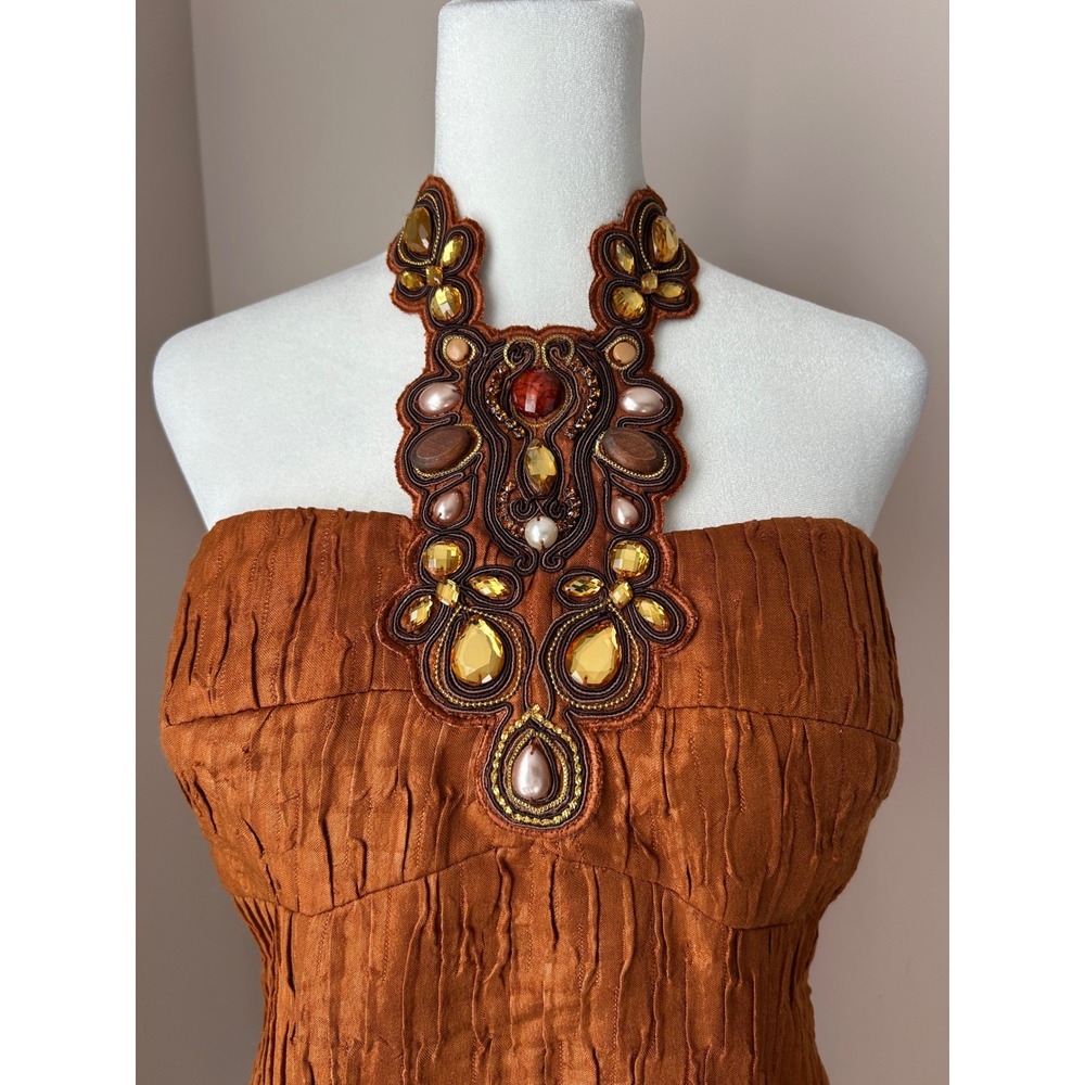 Boston Proper Strapless Mini Dress in Rust Orange with Embellished Neck - Picture 2 of 7